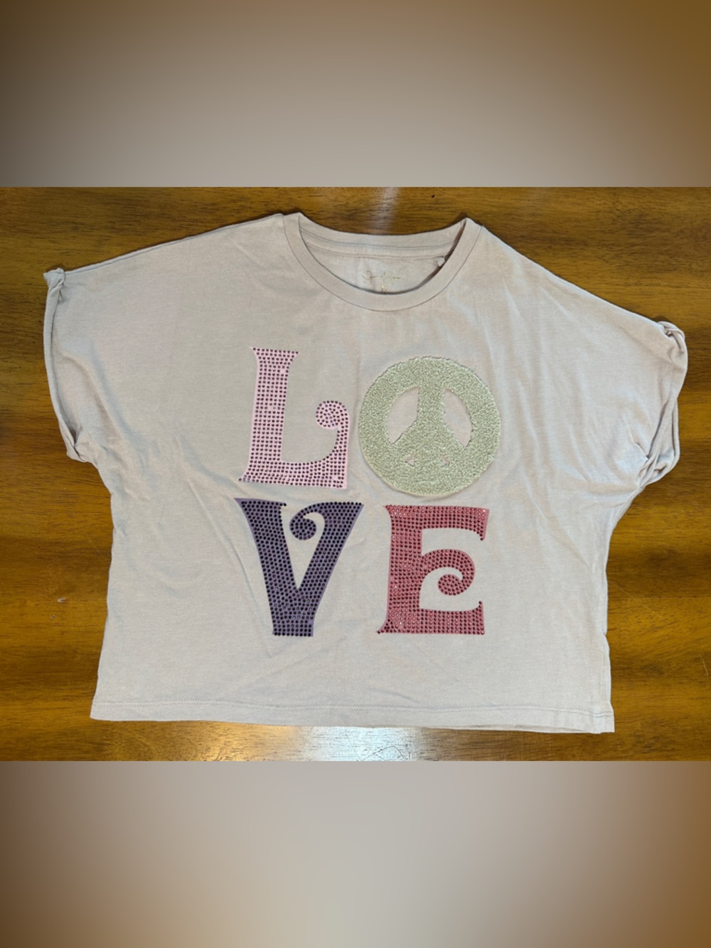 Jessica Simpson Love Peace Sign Rolled Sleeve Blush Pink Tee Girls Large